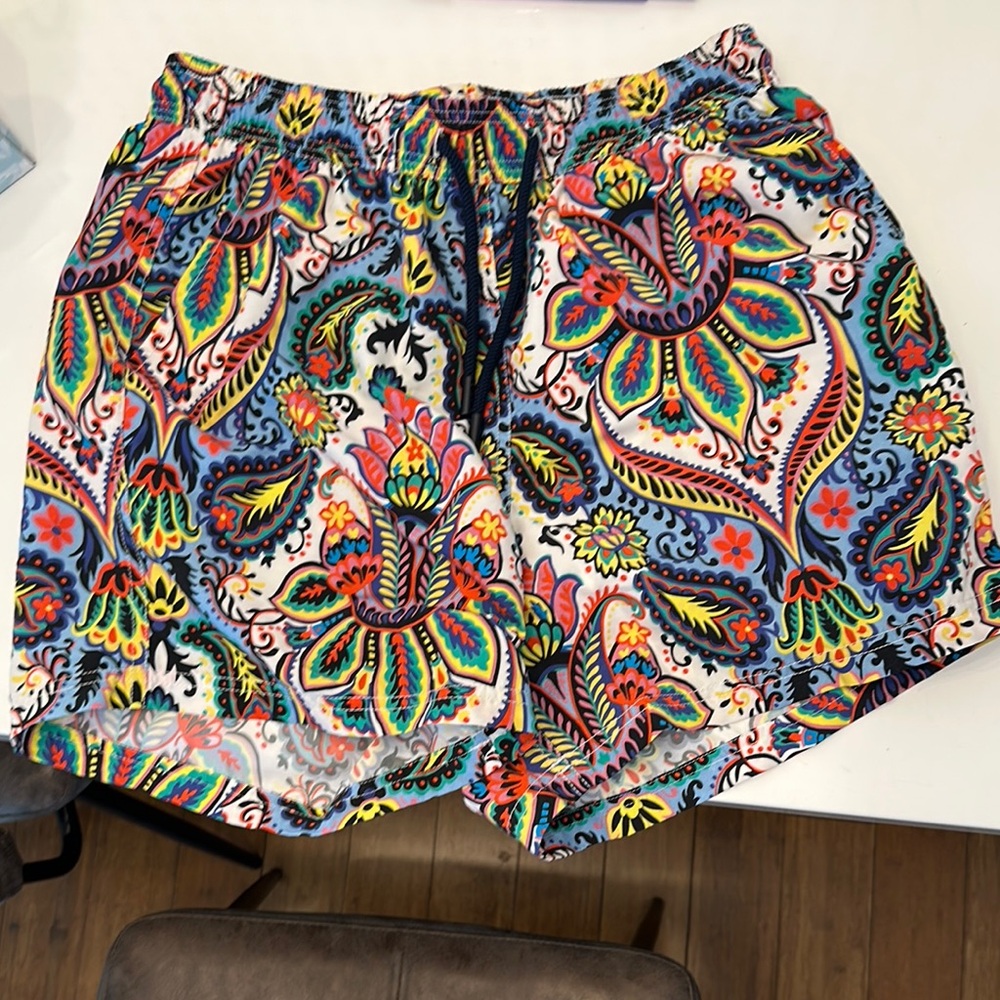Etro Vibrant Red and Orange Swim Trunks with Bohemian Flair